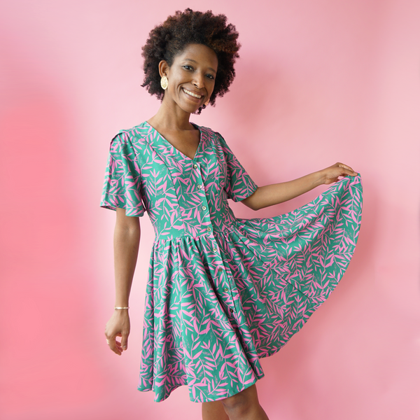 Pink and green foliage pattern for textile printing
